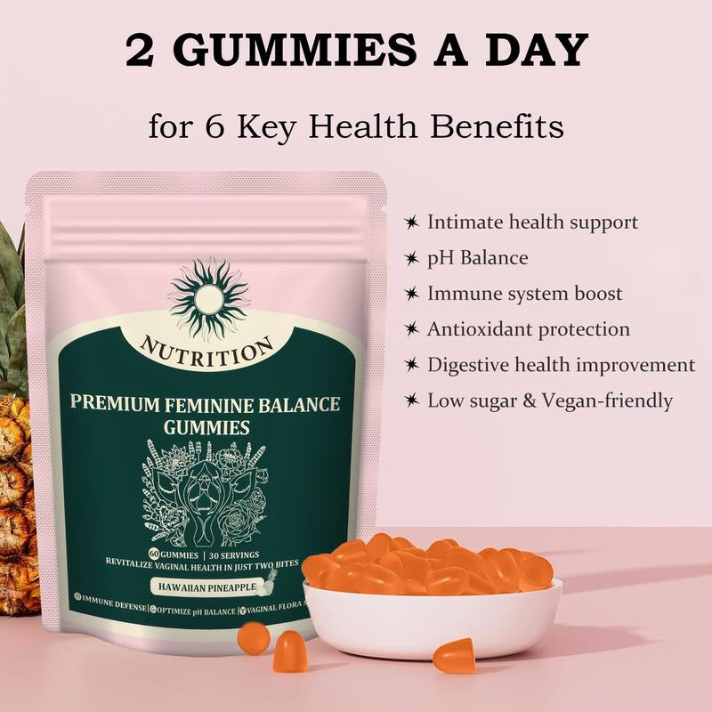 Premium Feminine Balance Gummies Probiotic Ph Balance Gummies for Vitamins Women Health Hawaiian Pineapple Flavor Vegan,Feminine Gummies & Sugar-Free 60 Gummies 30 Day Supply
