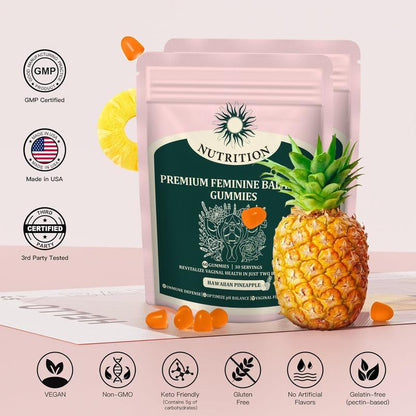Premium Feminine Balance Gummies Probiotic Ph Balance Gummies for Vitamins Women Health Hawaiian Pineapple Flavor Vegan,Feminine Gummies & Sugar-Free 60 Gummies 30 Day Supply